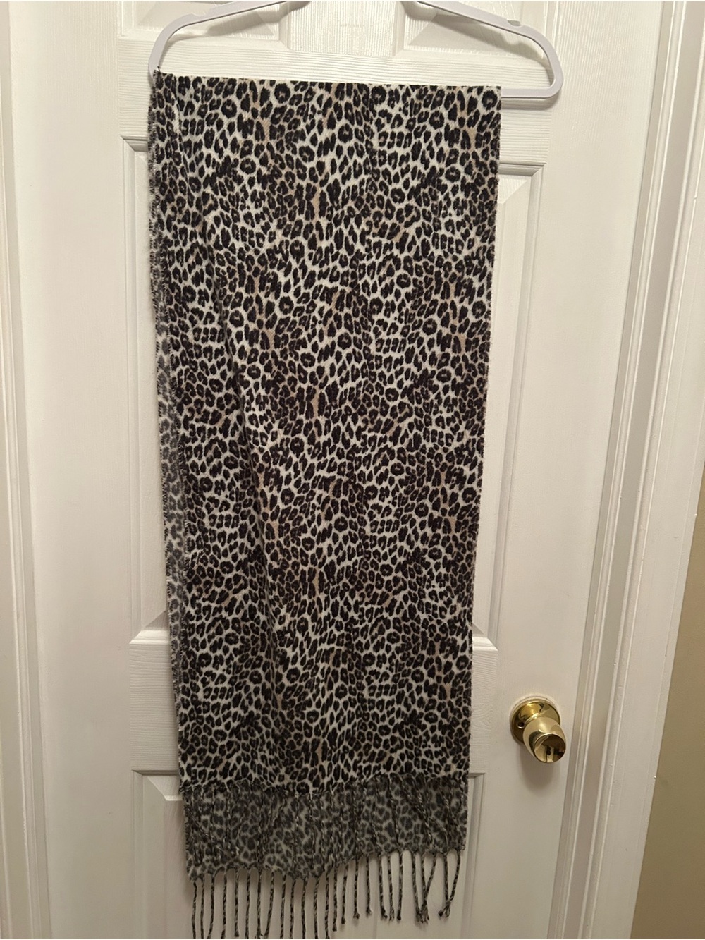 LANDS’ END Leopard Print Fringe Scarf — Black and Cream 72” x 15”